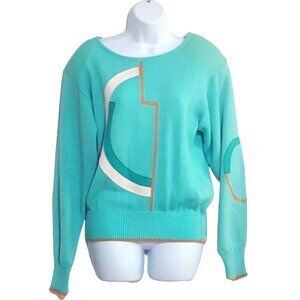 Vintage 80s Jaymee Papell Womens Pull Over Sweater Leather Trim Blue Long Sleeve